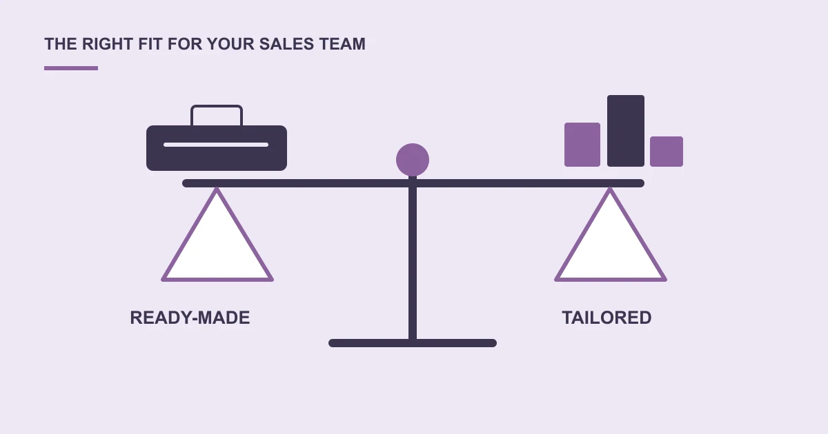 A ready-made toolbox and a tailored set of building blocks on opposite sides of a balanced scale.