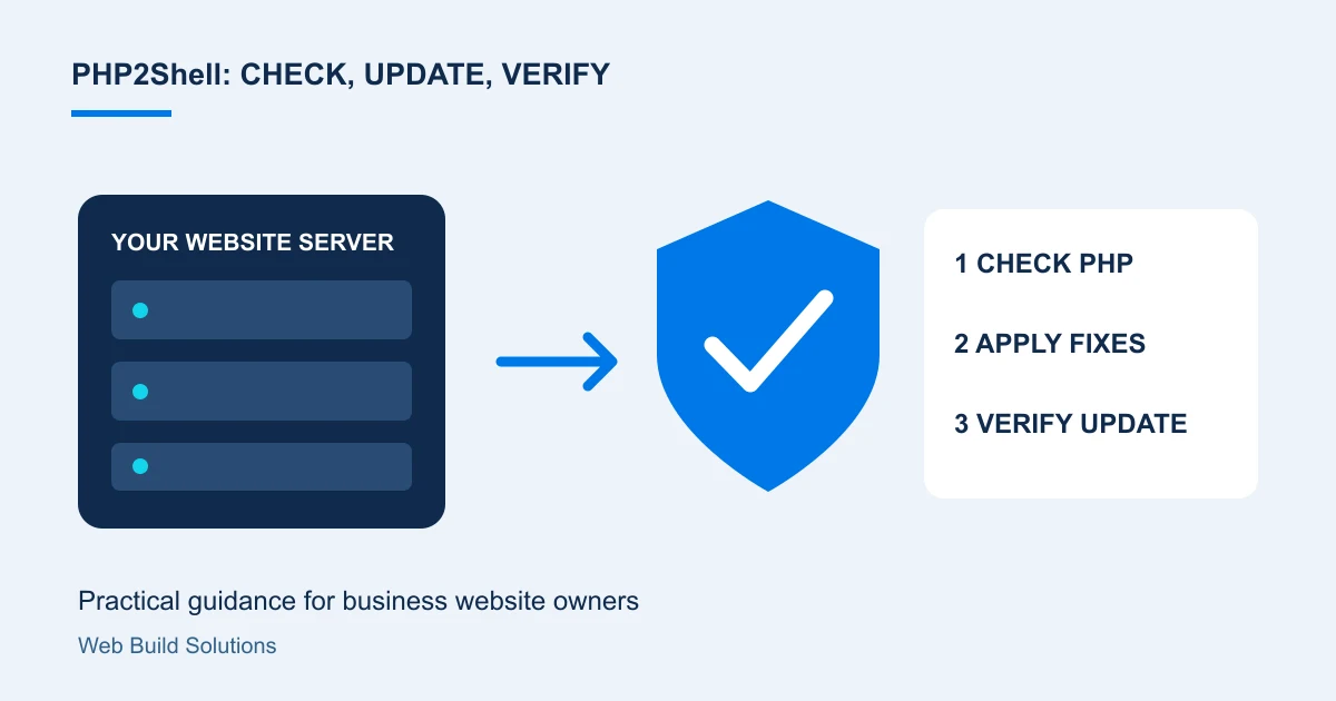 A website server, a shield and a checklist showing check PHP, apply fixes and verify the update.