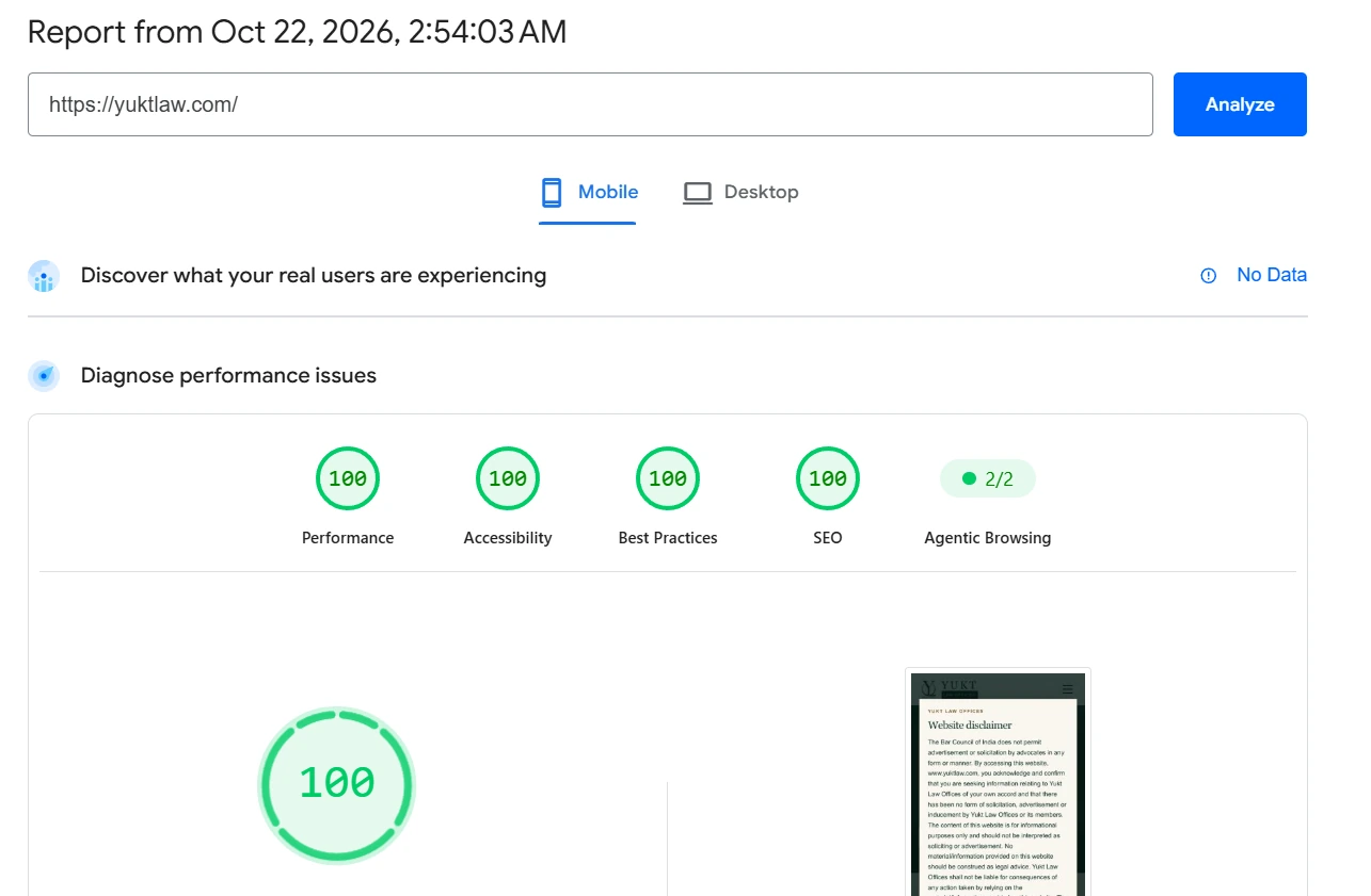 Later test mobile PageSpeed Insights screenshot for https://yuktlaw.com/ showing performance 100, accessibility 100, best practices 100, and SEO 100.