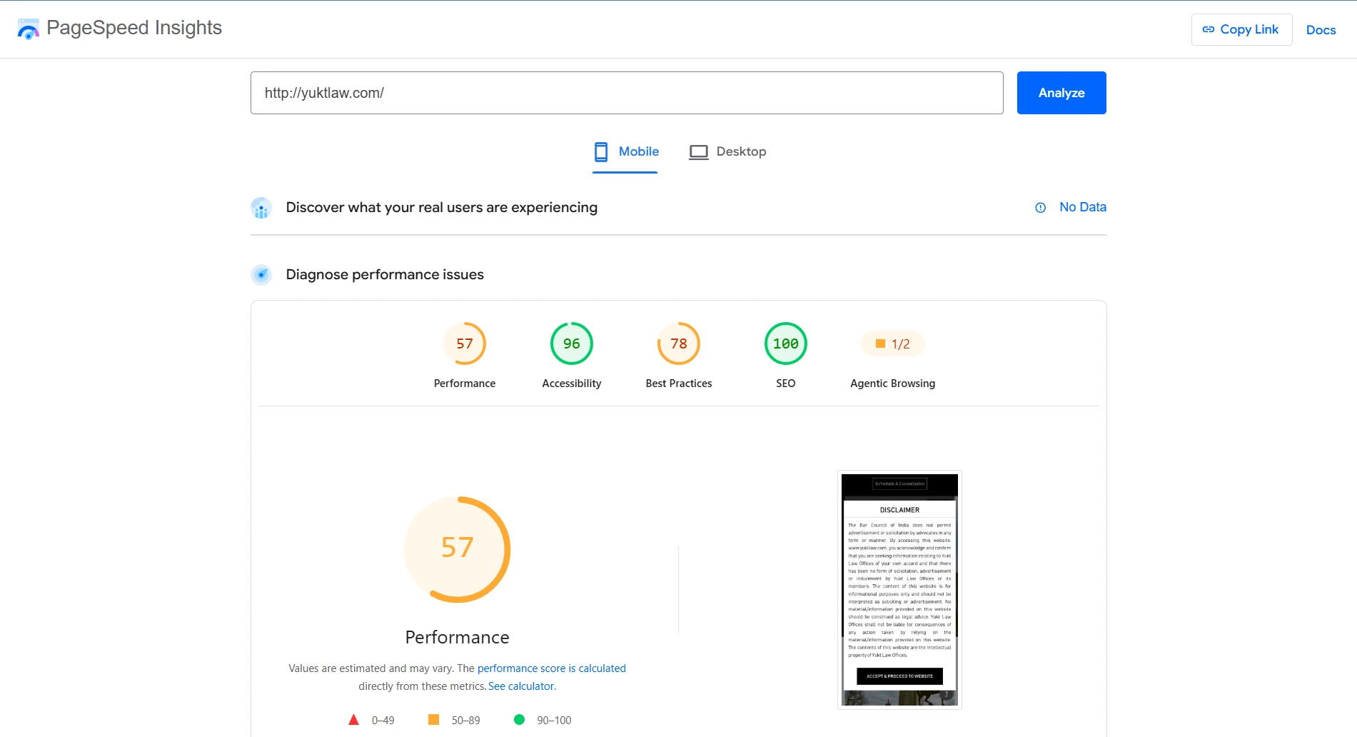 Earlier test mobile PageSpeed Insights screenshot for http://yuktlaw.com/ showing performance 57, accessibility 96, best practices 78, and SEO 100.