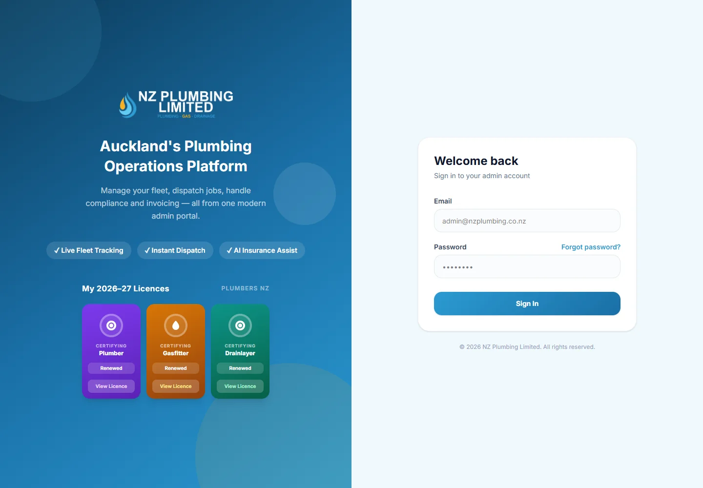 NZ Plumbing HQ — Public application sign-in screen