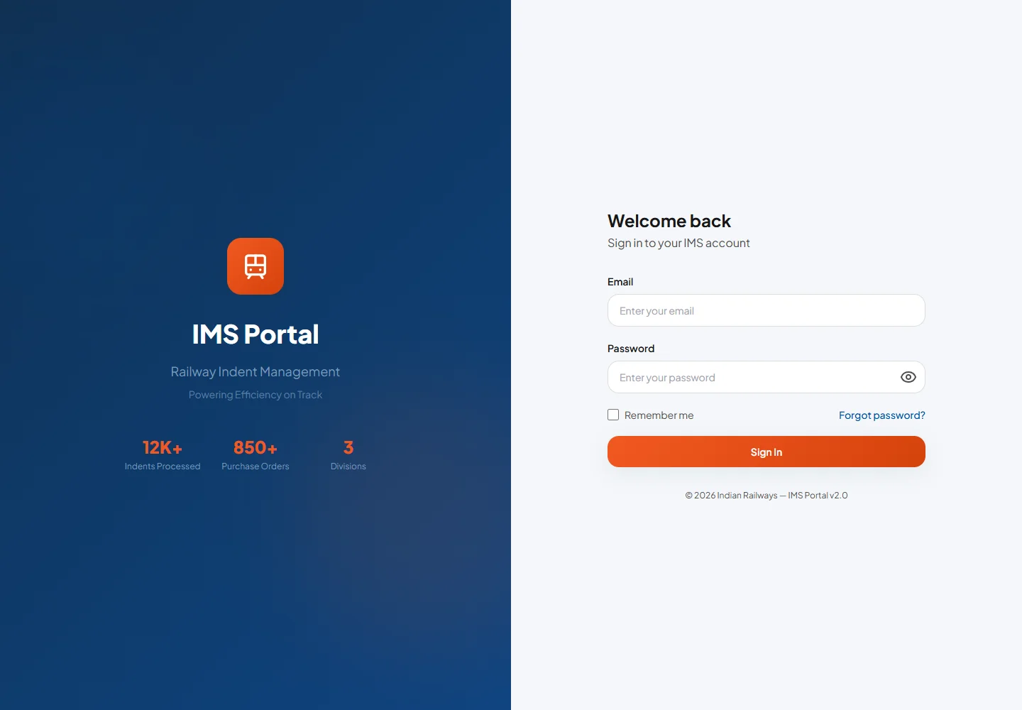 WCR Indent Management System — Public application sign-in screen